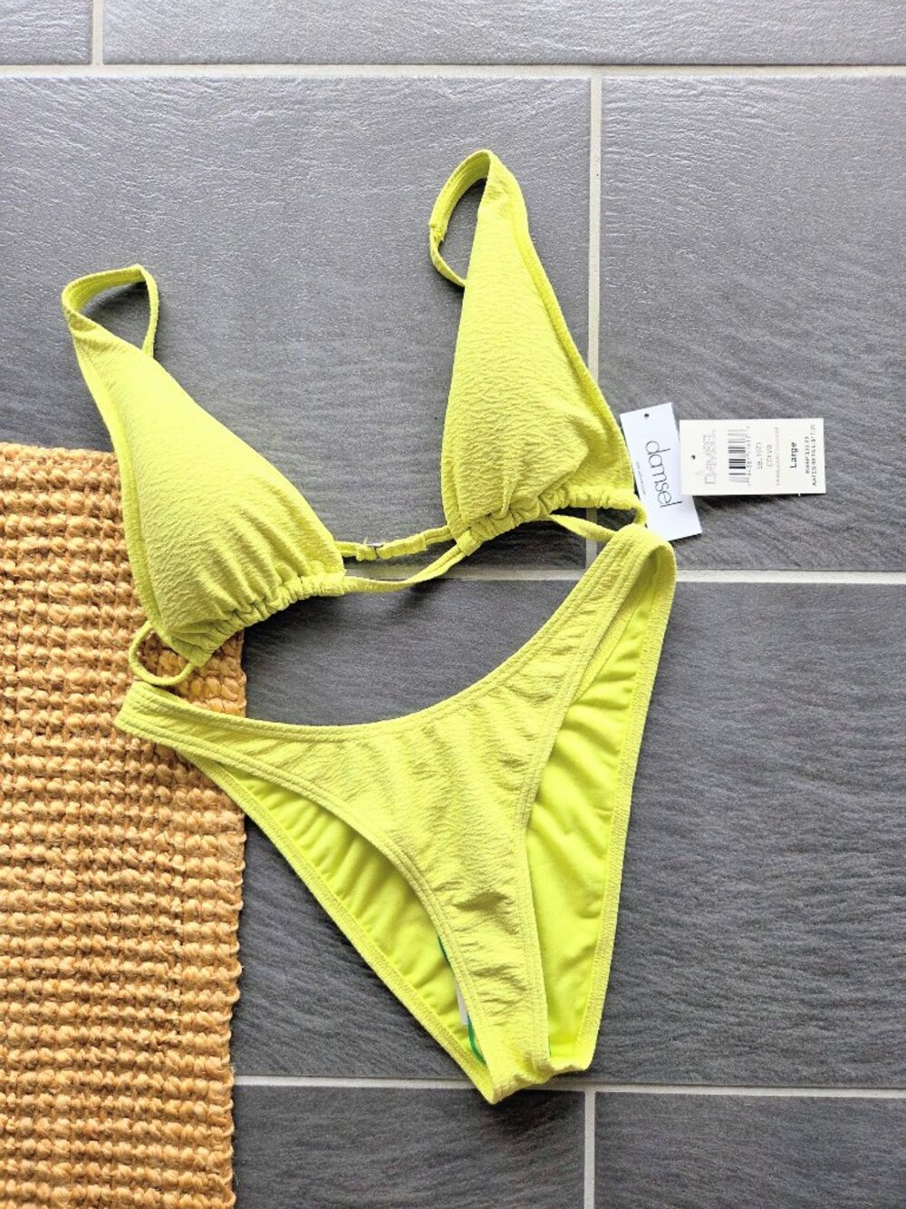 Damsel Metallic Sparkle Lime Green Yellow Crinkle Dust Love Boat Bikini Set L